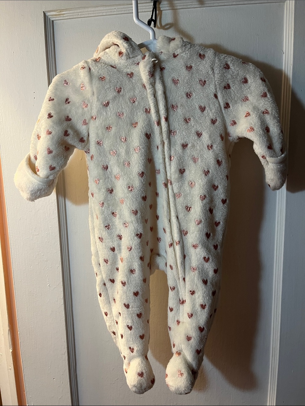 Cream & Pink heart Fleece Footed One-Piece with Pink Heart Print